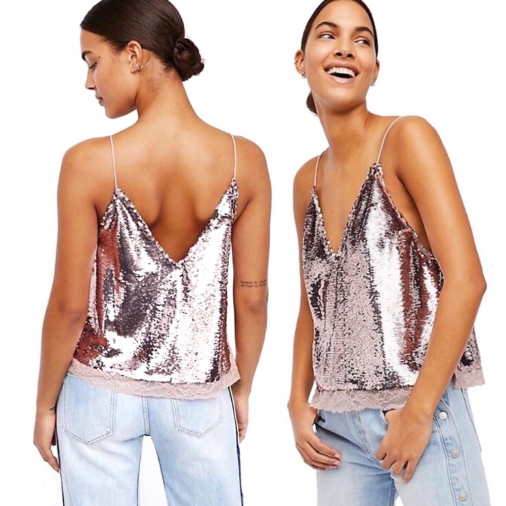 Free People Pink Silver Reverse Sequin Lace Tank
